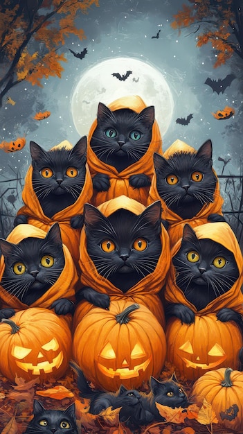 a poster for a halloween with a black cat in a pumpkin patch