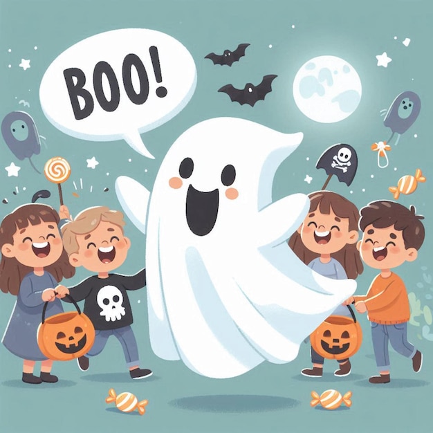 Photo a poster for halloween with a ghost and a ghost saying quot halloween quot