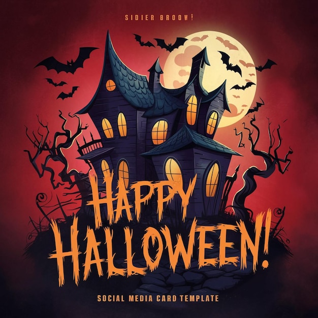 a poster for halloween with a house on the front and the words happy halloween on the front