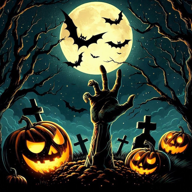 a poster for halloween with pumpkins and bats