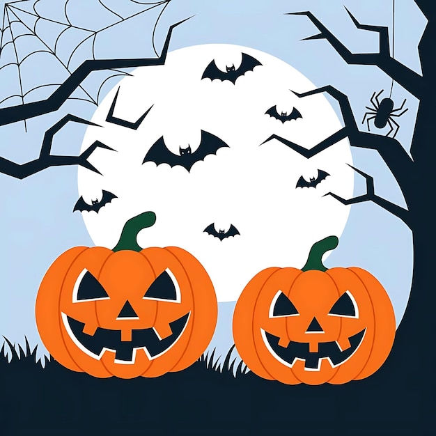 a poster for halloween with pumpkins and a spider web