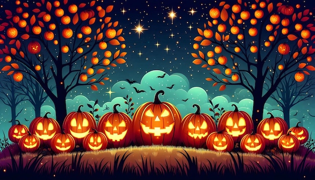 a poster for halloween with pumpkins and trees