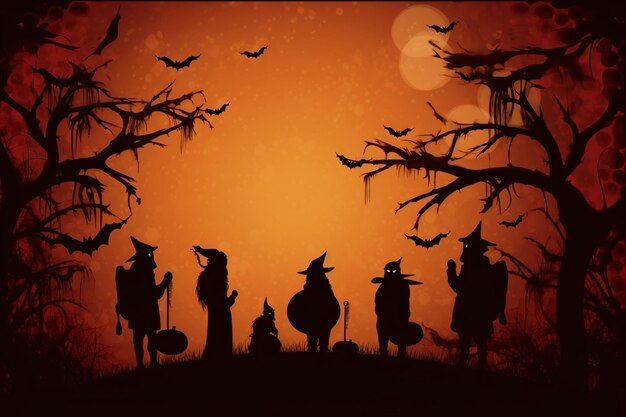 a poster for a halloween with silhouettes of people in a field with bats and bats.