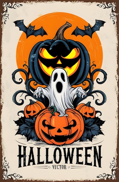 a poster for a halloween with a skull and a pumpkin on it