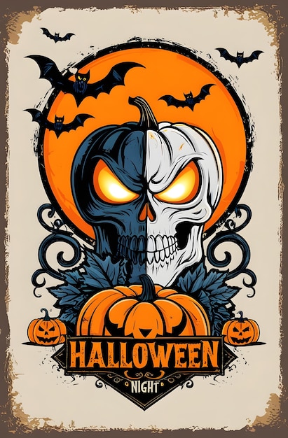 a poster for halloween with a skull and pumpkins on it