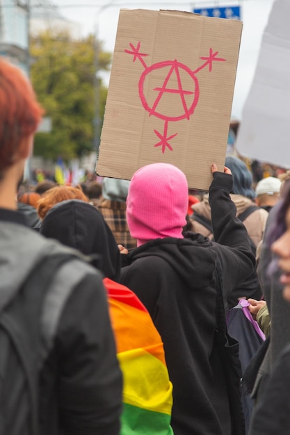 The poster in the hands of the participants of the Pride Parade in Kyiv, Ukraine. Concept LGBTQ.