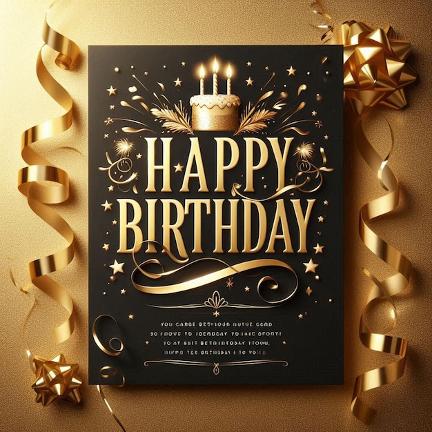 Photo a poster for happy birthday with gold ribbon and a birthday cake on it