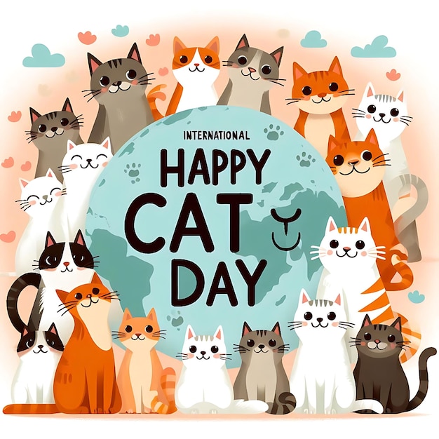 a poster for a happy cat day with a globe in the background