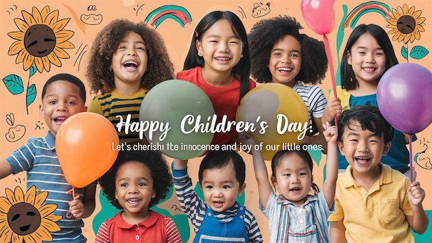 a poster for happy children with balloons that say happy childrens day