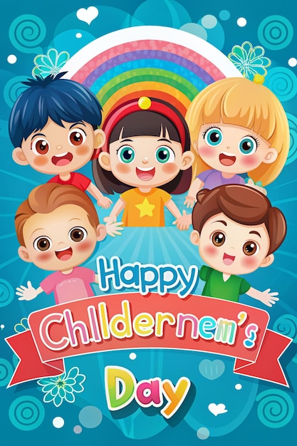 a poster for happy children with a rainbow background