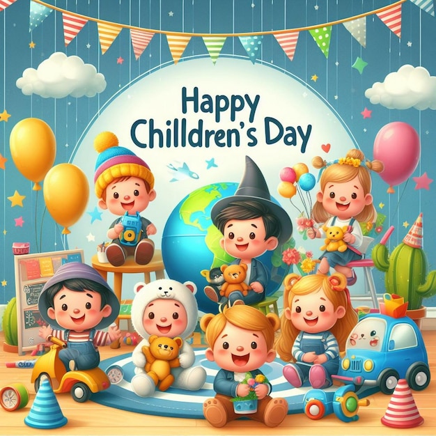 a poster for happy childrens day with a banner that says happy children