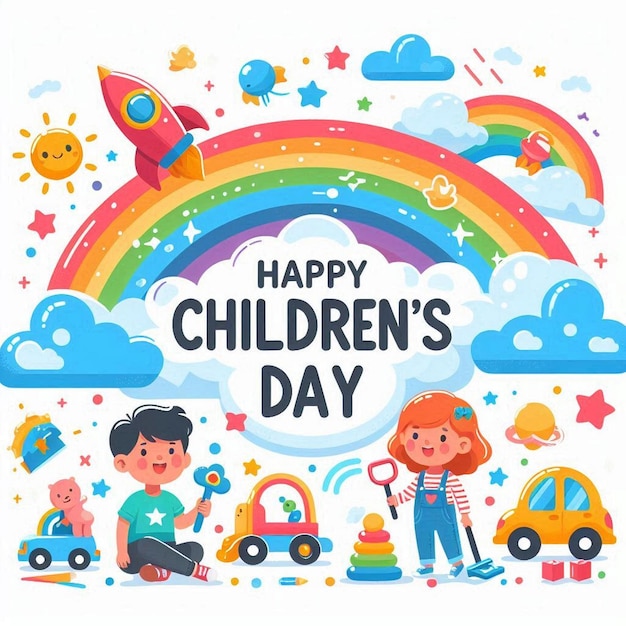 a poster for happy childrens day with a rainbow and the words happy children