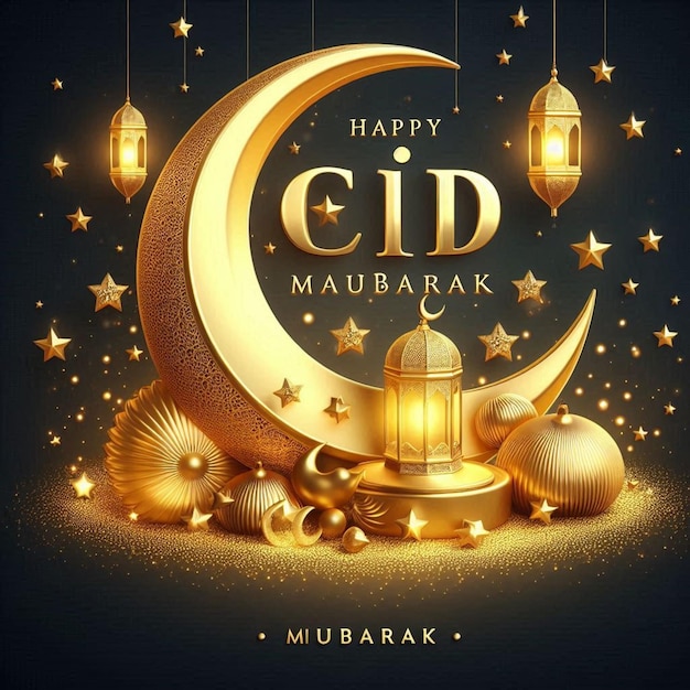 a poster for a Happy Eid Mubarak with golden 3d moon and stars