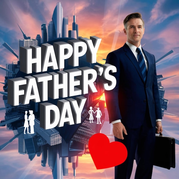 a poster for a happy fathers day with a man in a suit and a suit with a red heart in the background