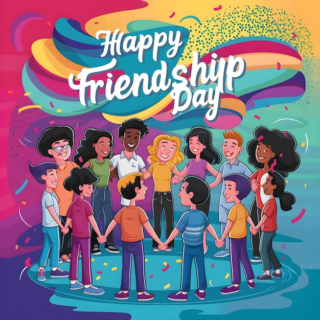 a poster for happy friends with a rainbow background