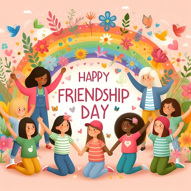 A poster for happy friendship day with kids friends and rainbow