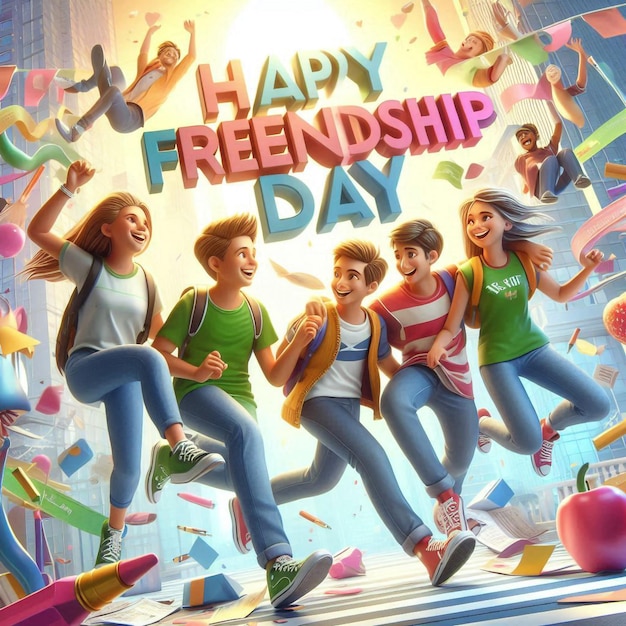 a poster for happy friendship day with people in the background