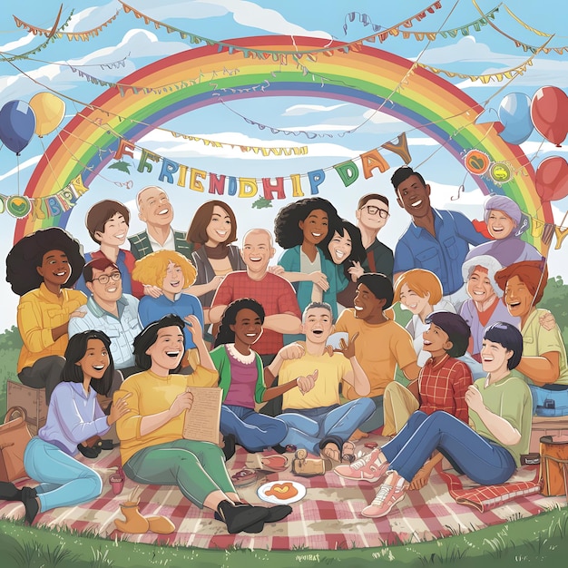 A poster of a happy friendship day with a rainbow in the background