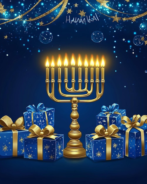 a poster for happy hanukkah with a christmas greeting card and a gold star that says happy hanukkah