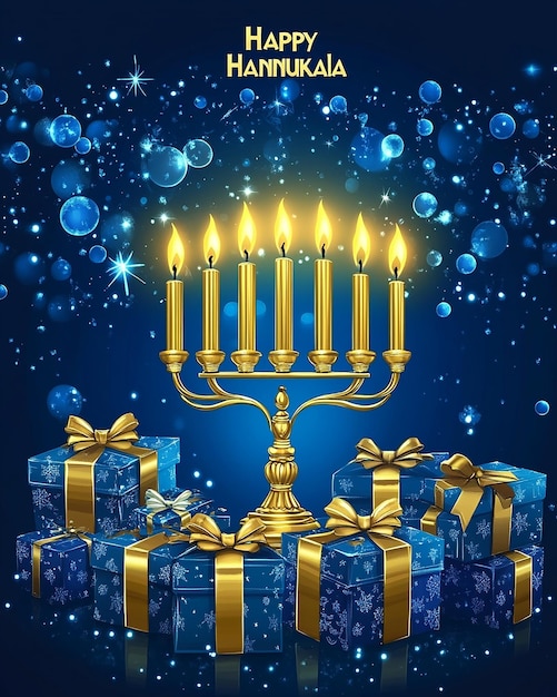 a poster for happy hanukkah with a christmas greeting card and a gold star that says happy hanukkah