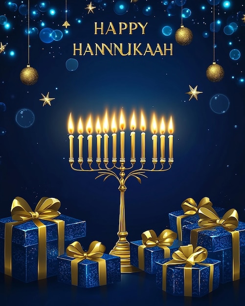 Photo a poster for happy hanukkah with a christmas greeting card and a gold star that says happy hanukkah