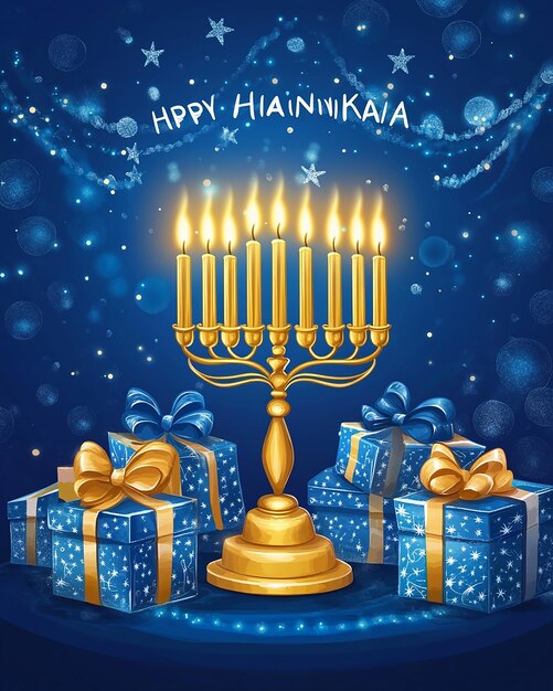 Photo a poster for happy hanukkah with a christmas greeting card and a gold star that says happy hanukkah