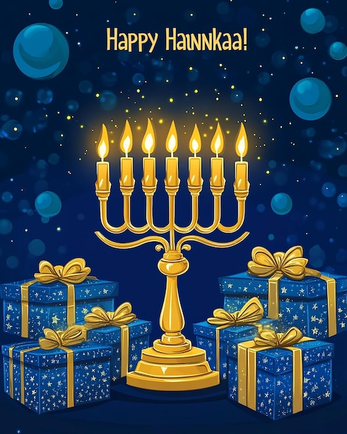 Photo a poster for happy hanukkah with a christmas greeting card and a gold star that says happy hanukkah