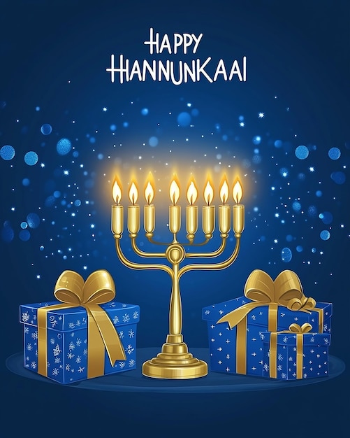 Photo a poster for happy hanukkah with a christmas greeting card and a gold star that says happy hanukkah