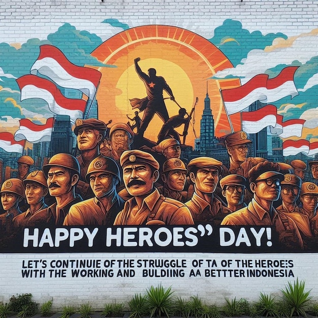 a poster for happy heroes is on a brick wall