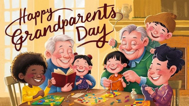 a poster of happy independence day with a family playing cards and a card that says happy independence day