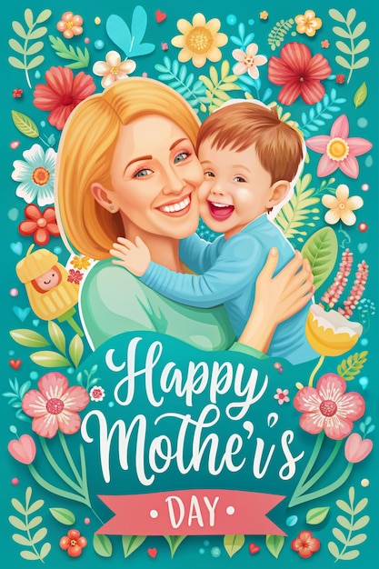 a poster for happy mothers day with a happy mother and a child