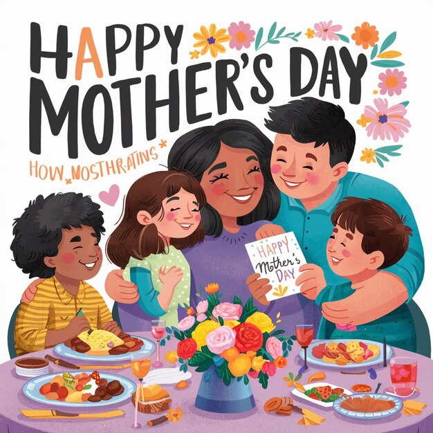 A poster for happy mothers day with a happy mother and her children