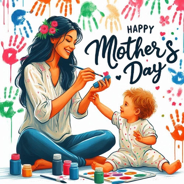 a poster for happy mothers day with a woman and a baby playing with a bottle of paint