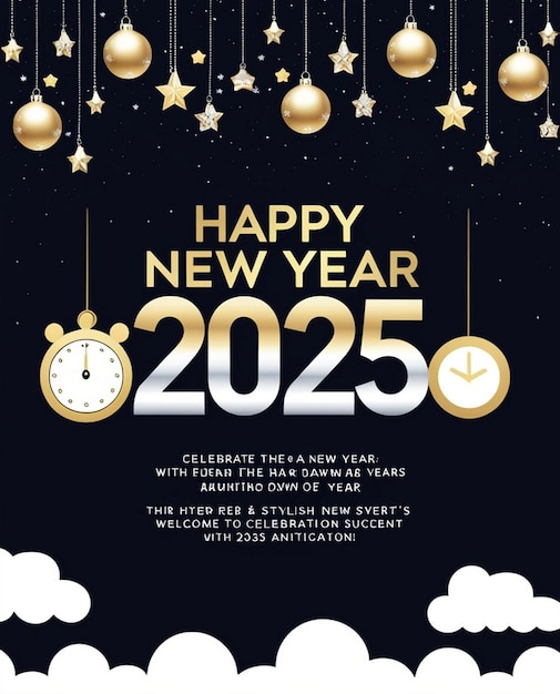 Photo a poster for happy new year with a clock and stars in the background