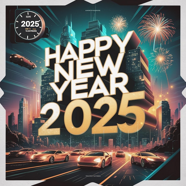 a poster for happy new year with a fireworks display in the background