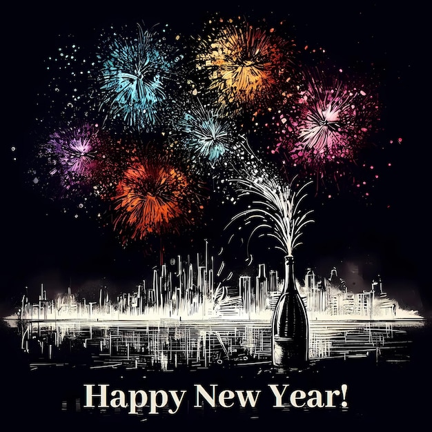 a poster for happy new year with fireworks behind it