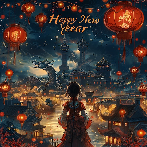 a poster for happy new year with a girl standing in front of a lake with lanterns and buildings in t