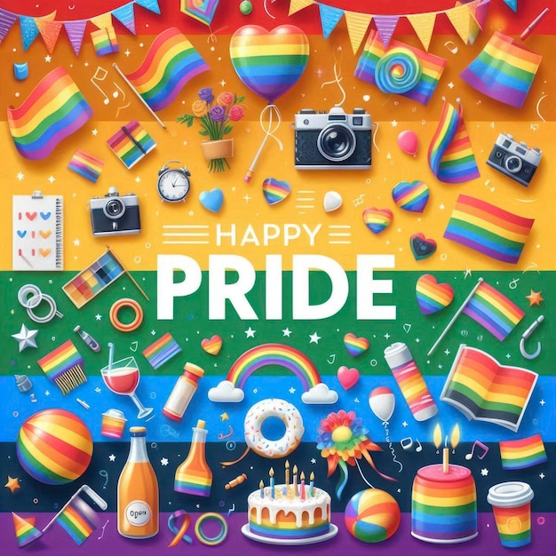 Photo a poster of happy pride and rainbows with a banner that says happy pride