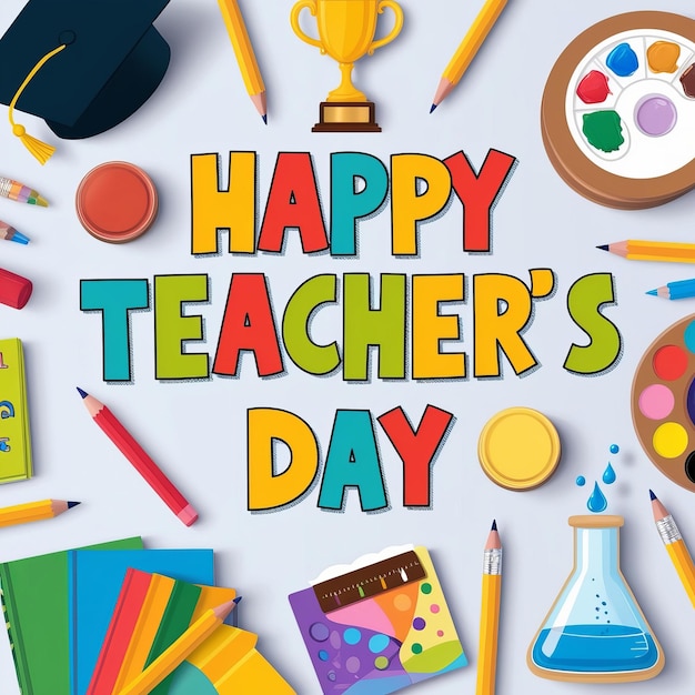 a poster of happy teachers day with a colorful pencils and a picture of a teachers day