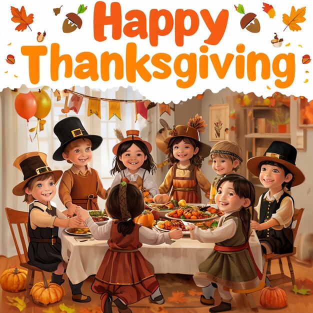 Photo a poster for happy thanksgiving with children dressed in costumes and hats