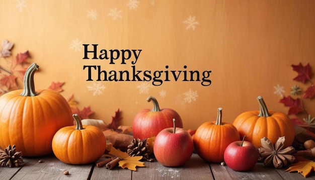 Photo a poster for happy thanksgiving with pumpkins and leaves on a wooden table