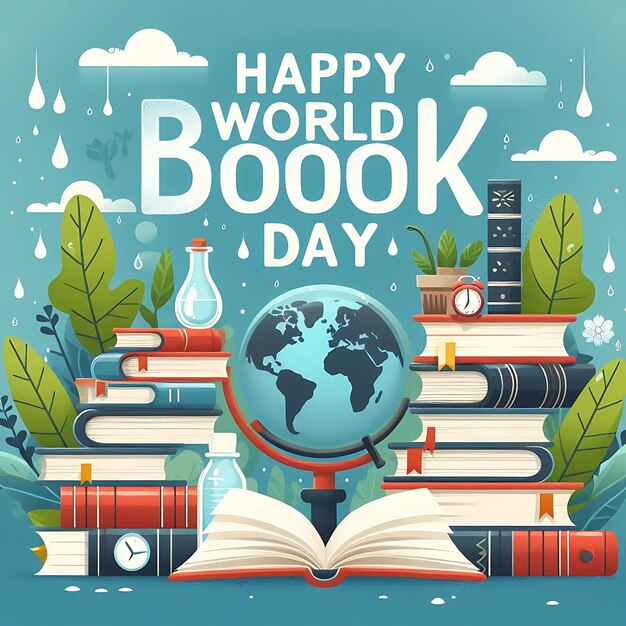 a poster for happy world with books and the words happy world on the top