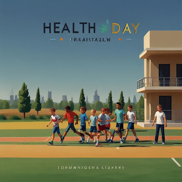 a poster for health day with a group of children playing baseball