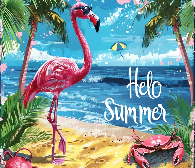 a poster for the hello summer with a flamingo on it