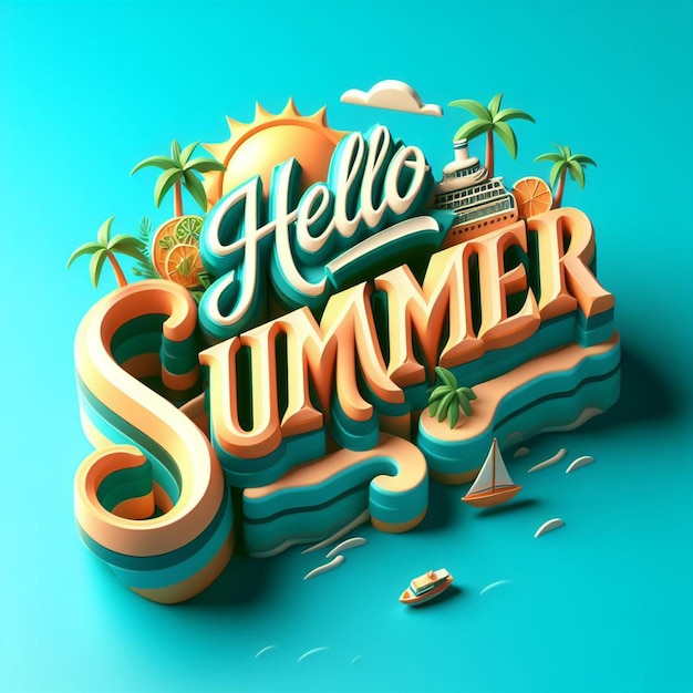 Photo a poster for hello summer with palm trees and a boat in the background