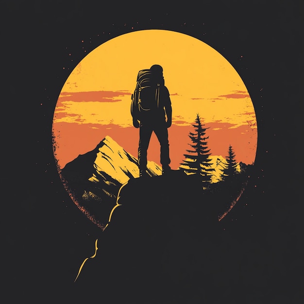 Photo a poster for a hiker with a mountain and a yellow moon behind it