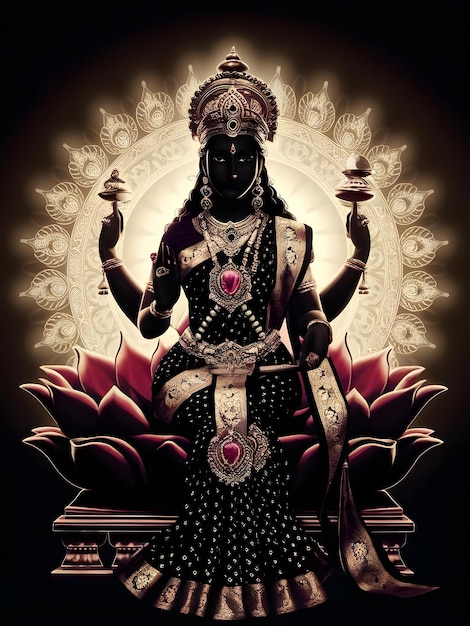 A poster of the hindu goddess Lakshmi in a black and white outfit with a red flower in the middle