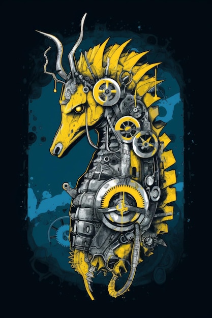 A poster of a horse with a yellow head and a black and blue background.