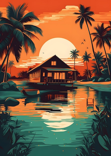 A poster for a house on the beach with the sun setting behind it.