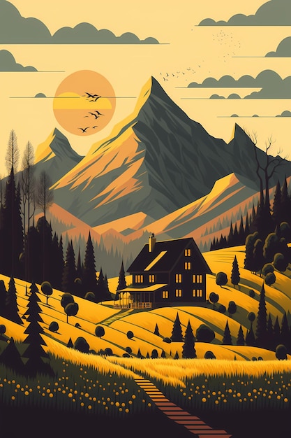 A poster for a house in the mountains with the words " the mountain " on the front.